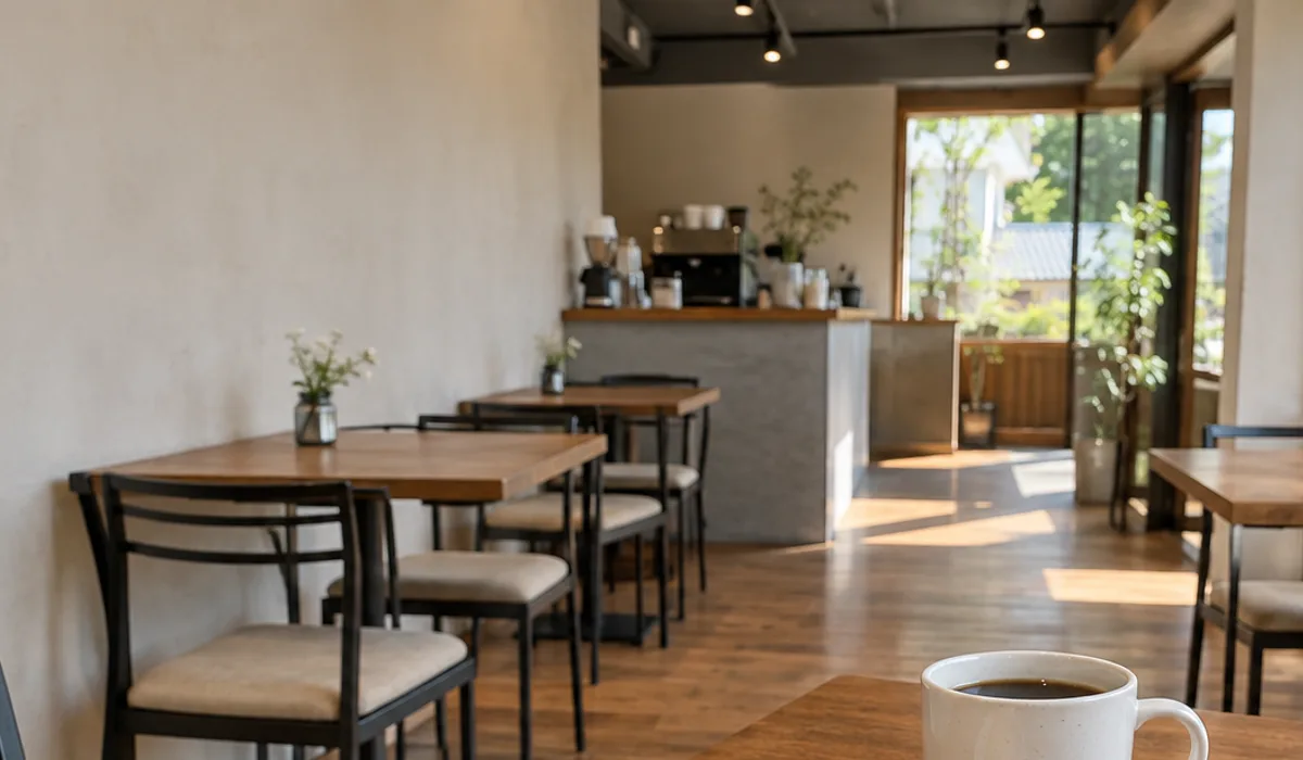 木の床とテーブル、細い黒脚の椅子が並ぶ明るい店内